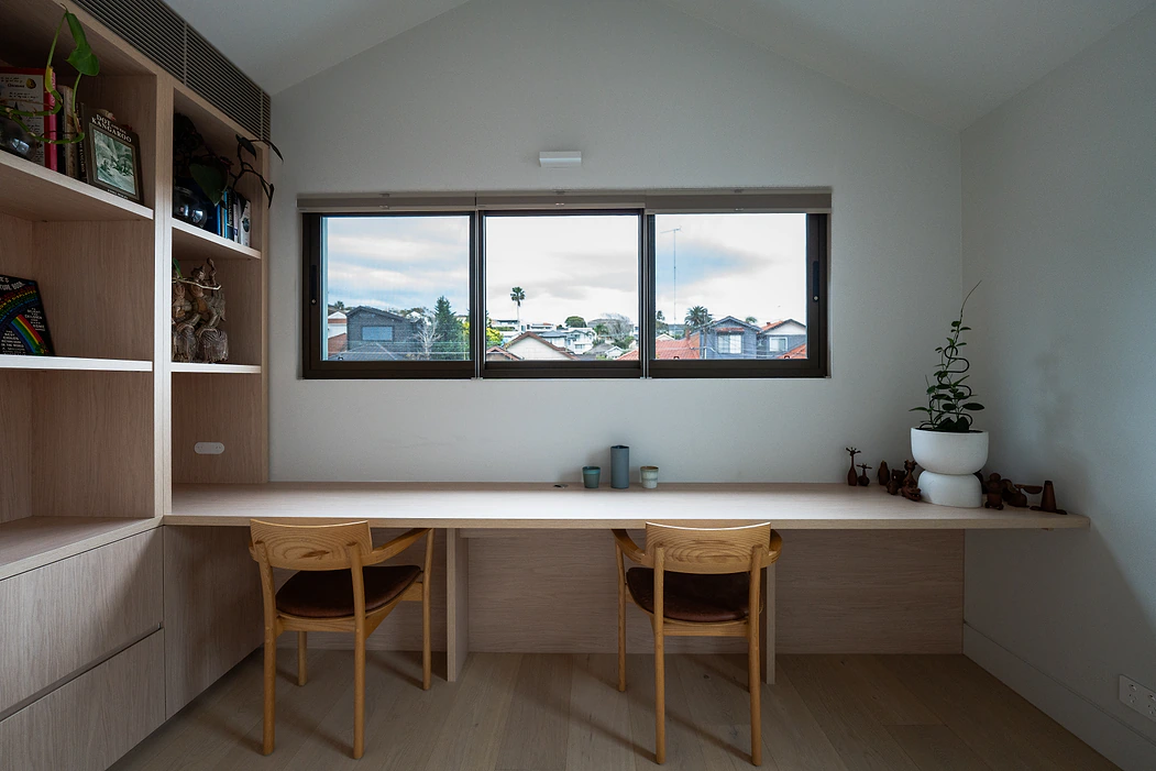 Custom cabinetry Sydney: timber study nook with built-in desk and open shelving